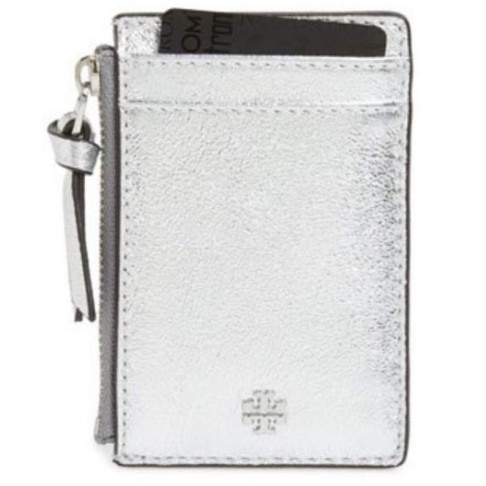 Tory burch silver metallic crinkle card holder